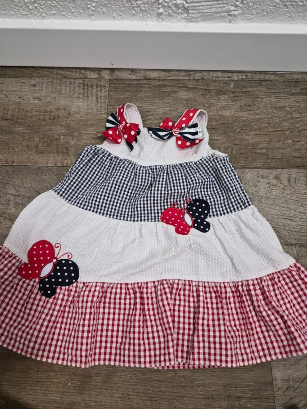 Rare Editions 24 Mo Girls Gingham  Polka Dot Dress Butterfly Red/White/Blue